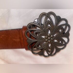 Leather Belt with Brass Daisy Buckle, Size Small
